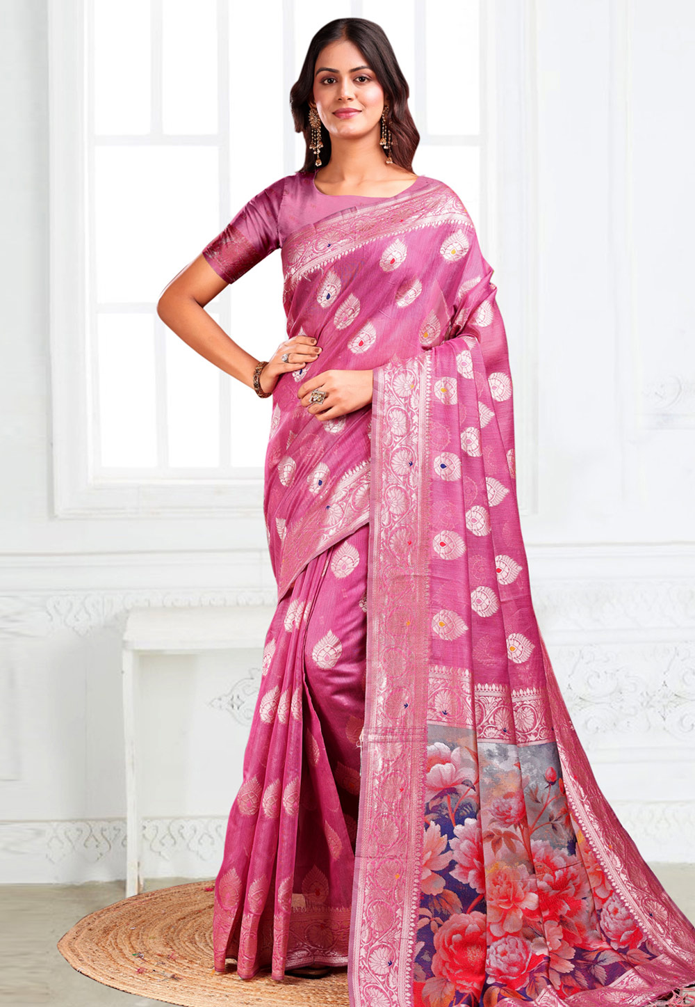 Pink Linen Saree With Blouse 312700