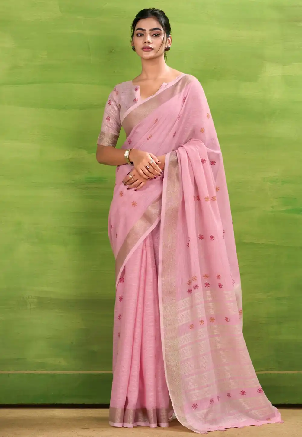 Pink Linen Saree With Blouse 315375