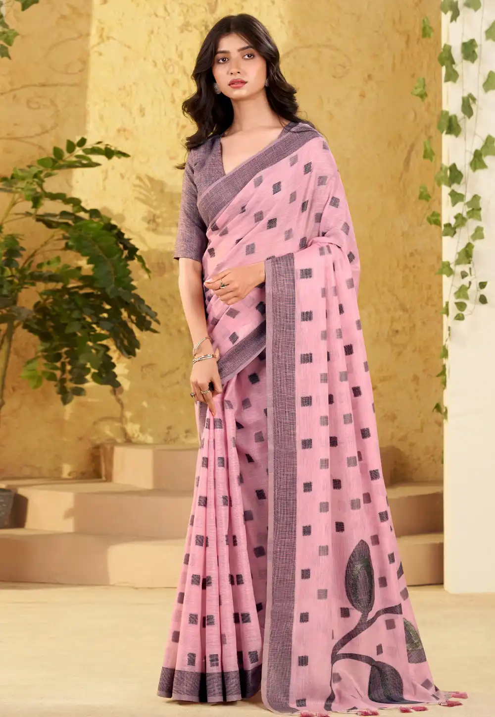 Pink Linen Saree With Blouse 321128