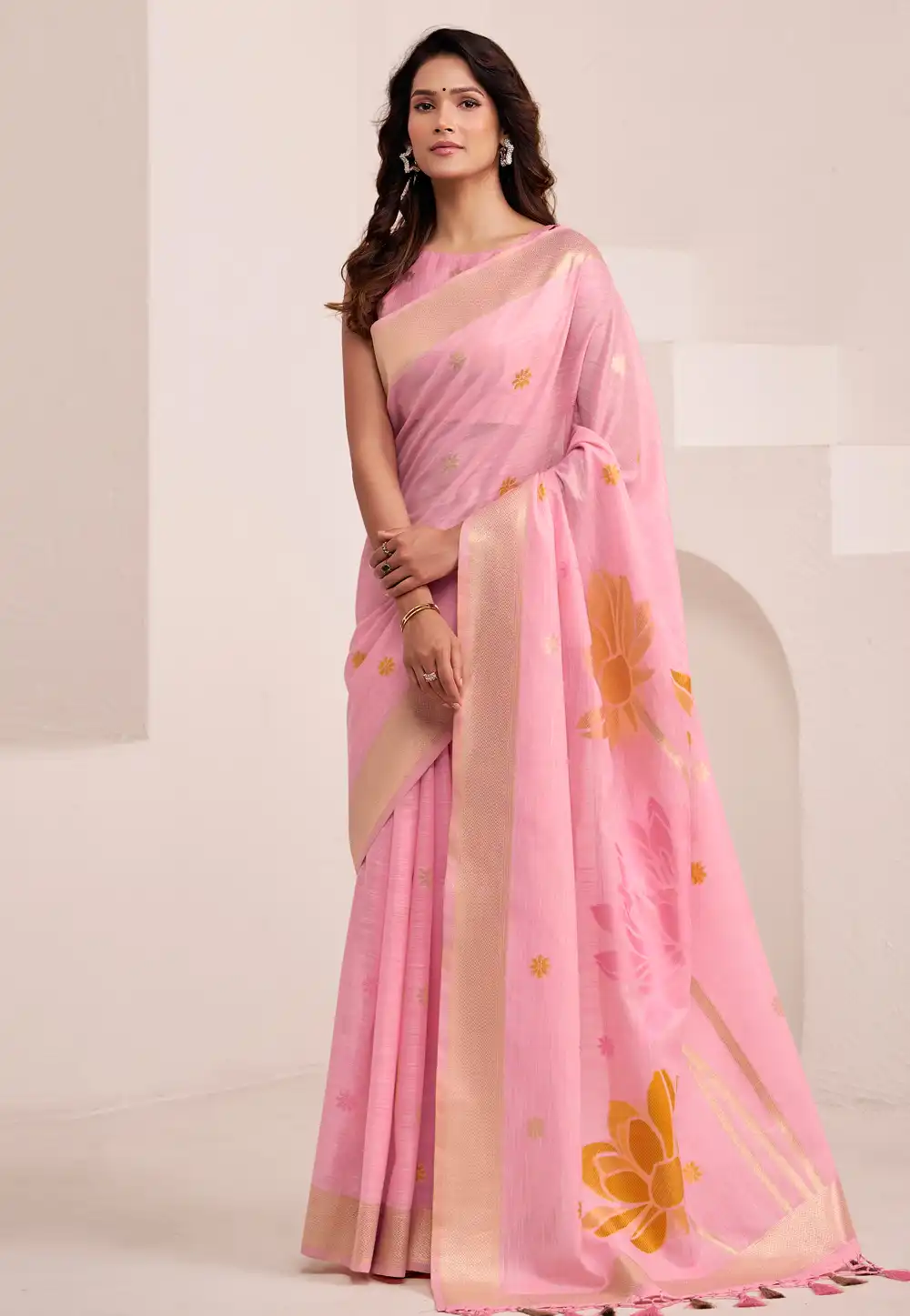 Pink Linen Saree With Blouse 316913