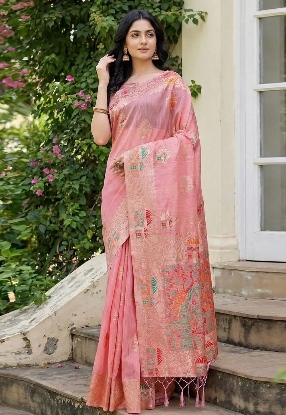 Pink Linen Saree With Blouse 325662