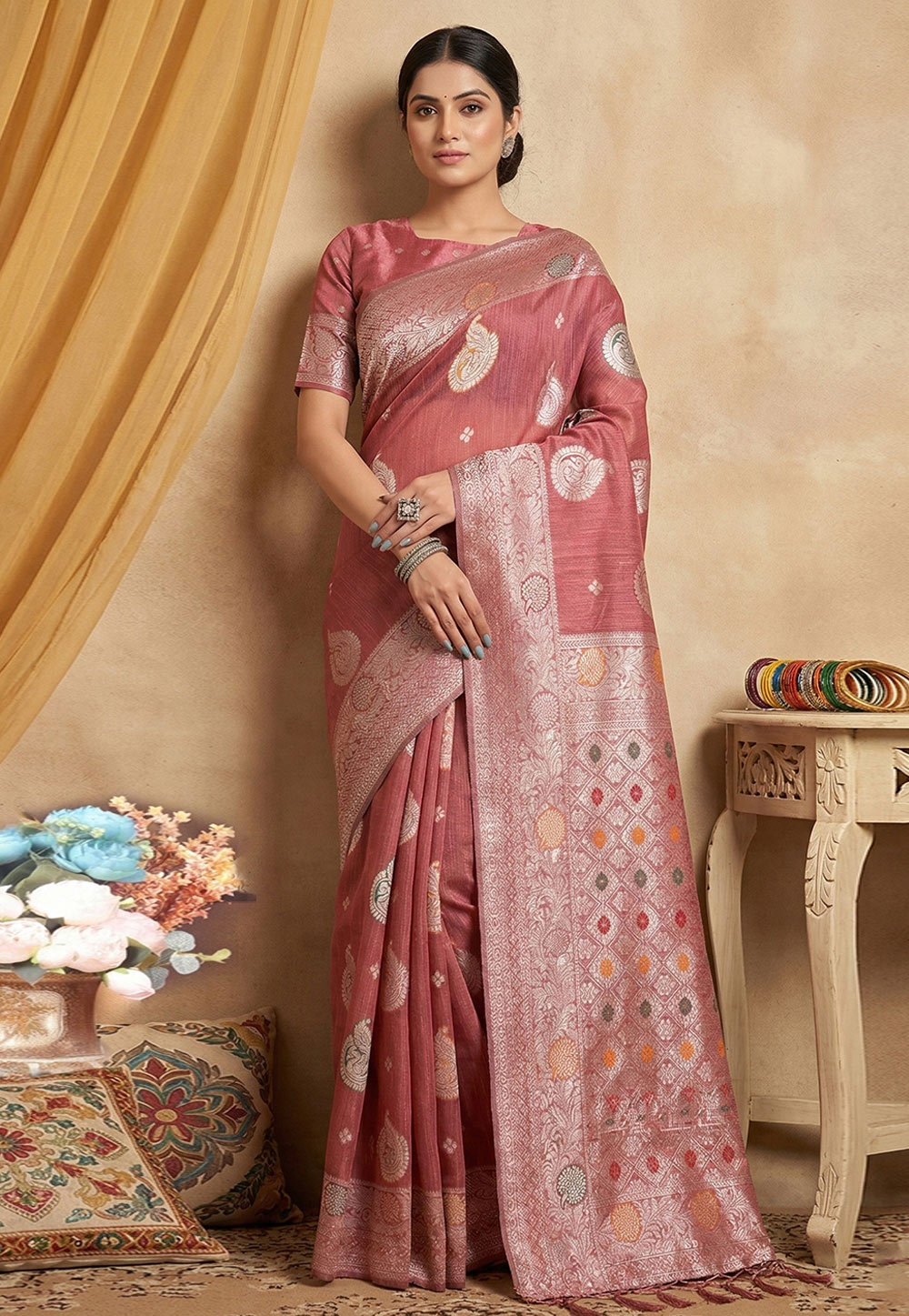 Pink Linen Saree With Blouse 326007