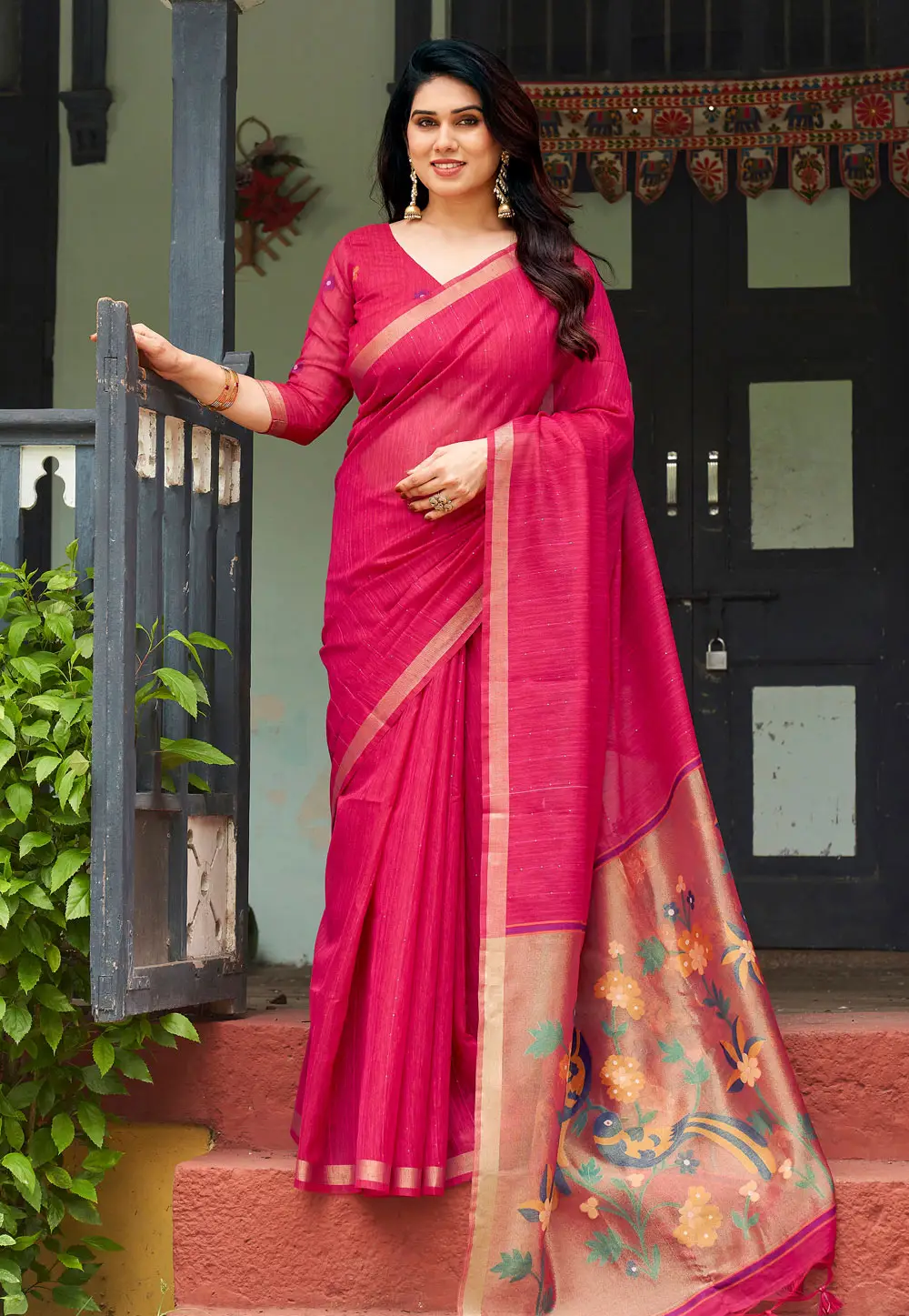 Pink Linen Saree With Blouse 336592