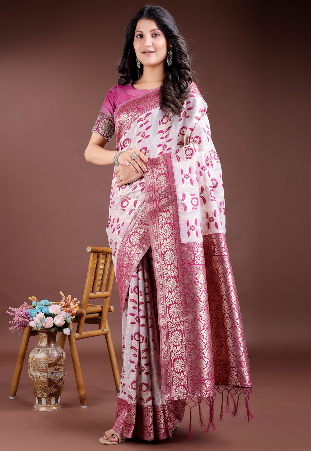 Pink Linen Saree With Blouse 311783
