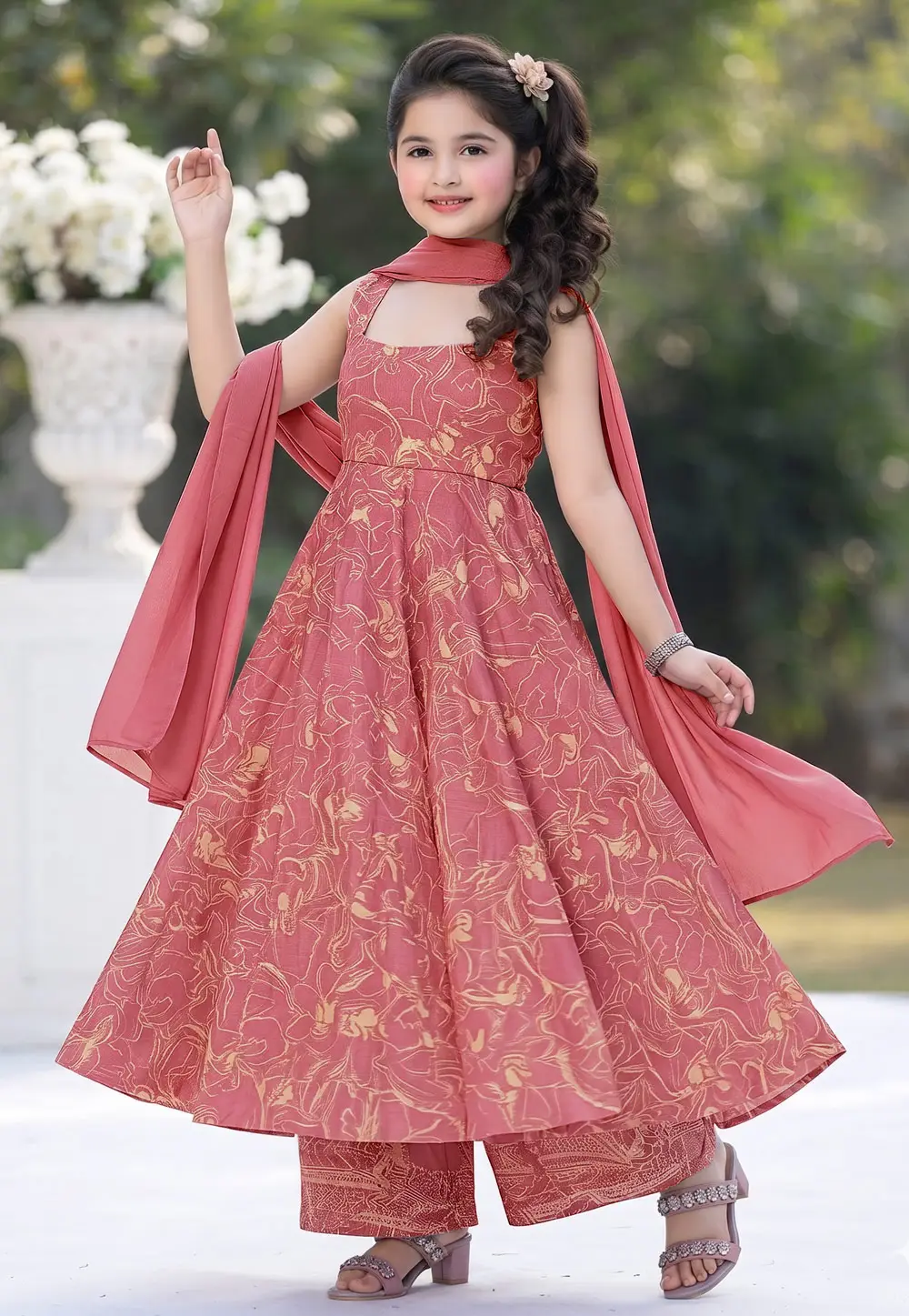 Pink Muslin Kids Palazzo Suit 334003