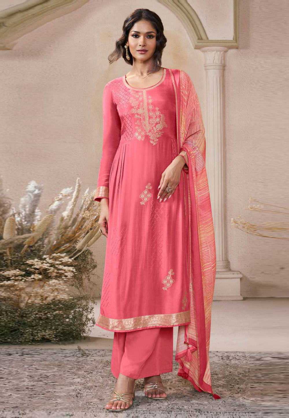 Pink Muslin Palazzo Suit 320354