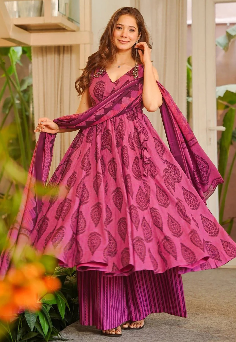 Pink Muslin Readymade Anarkali Suit 324921