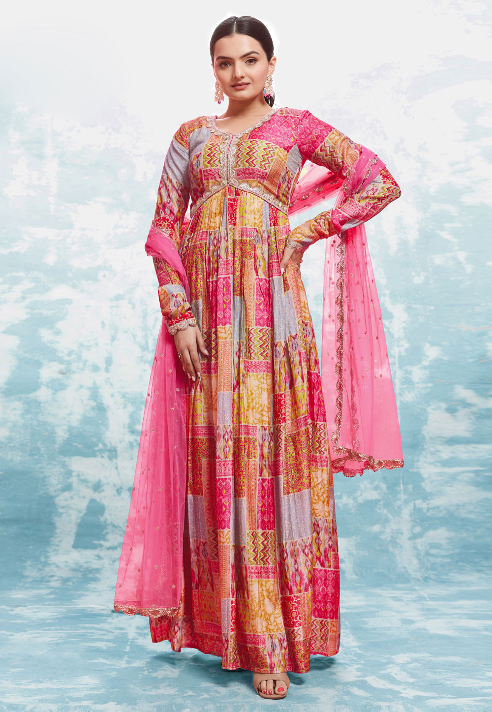 Pink Muslin Readymade Long Anarkali Suit 287393