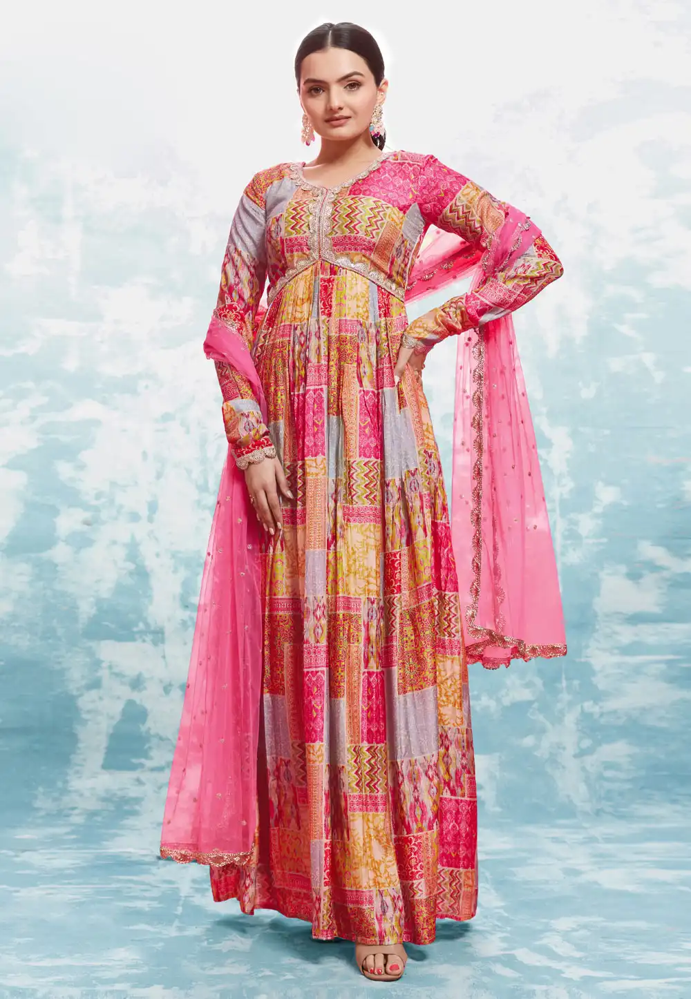 Pink Muslin Readymade Long Anarkali Suit 287393