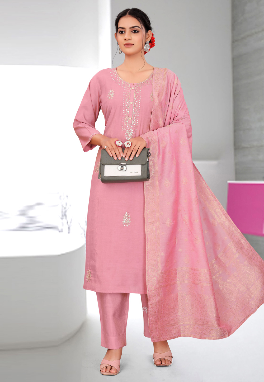 Pink Muslin Readymade Pakistani Suit 321429