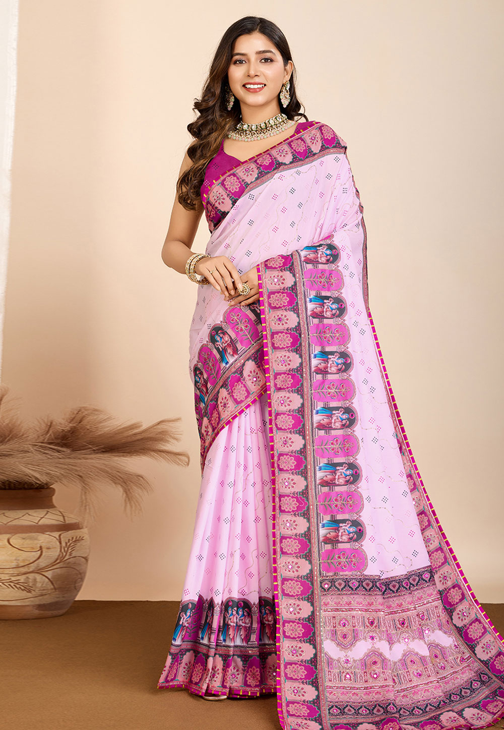 Pink Muslin Saree With Blouse 320692