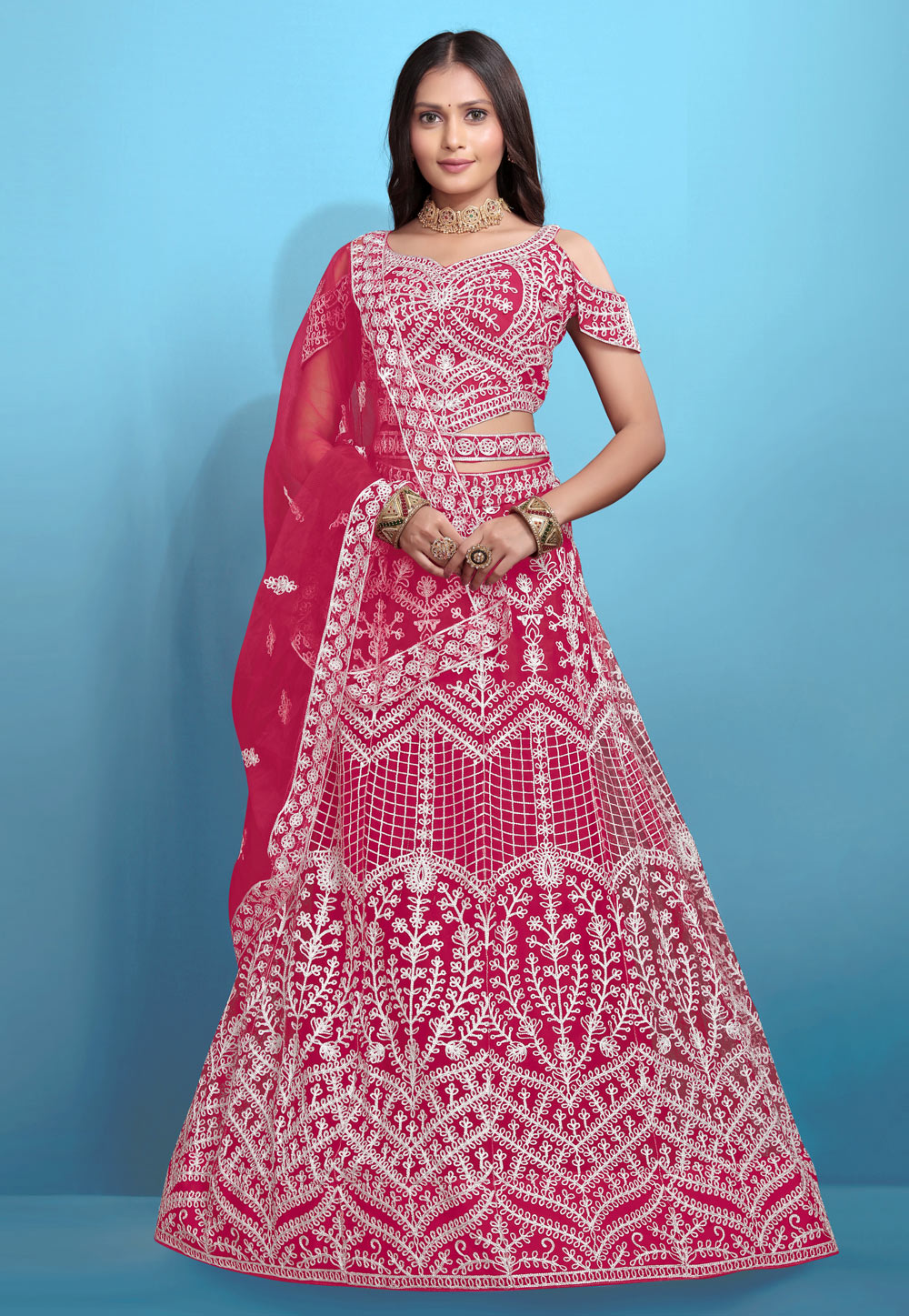 Pink Net A Line Lehenga Choli 318125