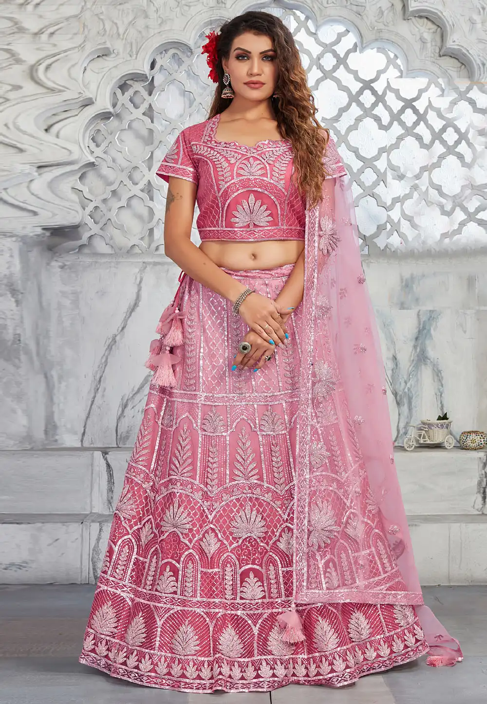 Pink Net A Line Lehenga Choli 308429