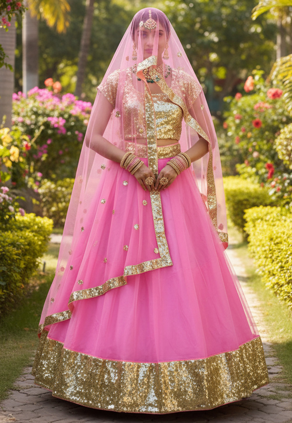 Pink Net Circular Lehenga Choli 320208