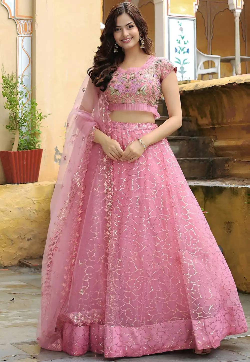 Pink Net Circular Lehenga Choli 315232