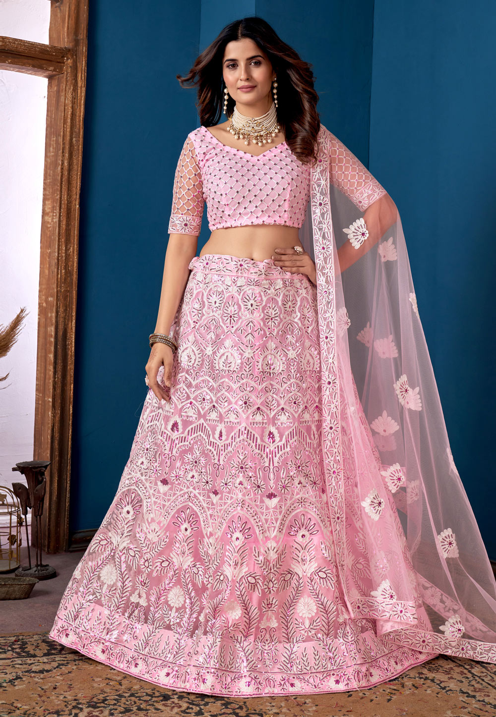 Pink Net Circular Lehenga Choli 279055