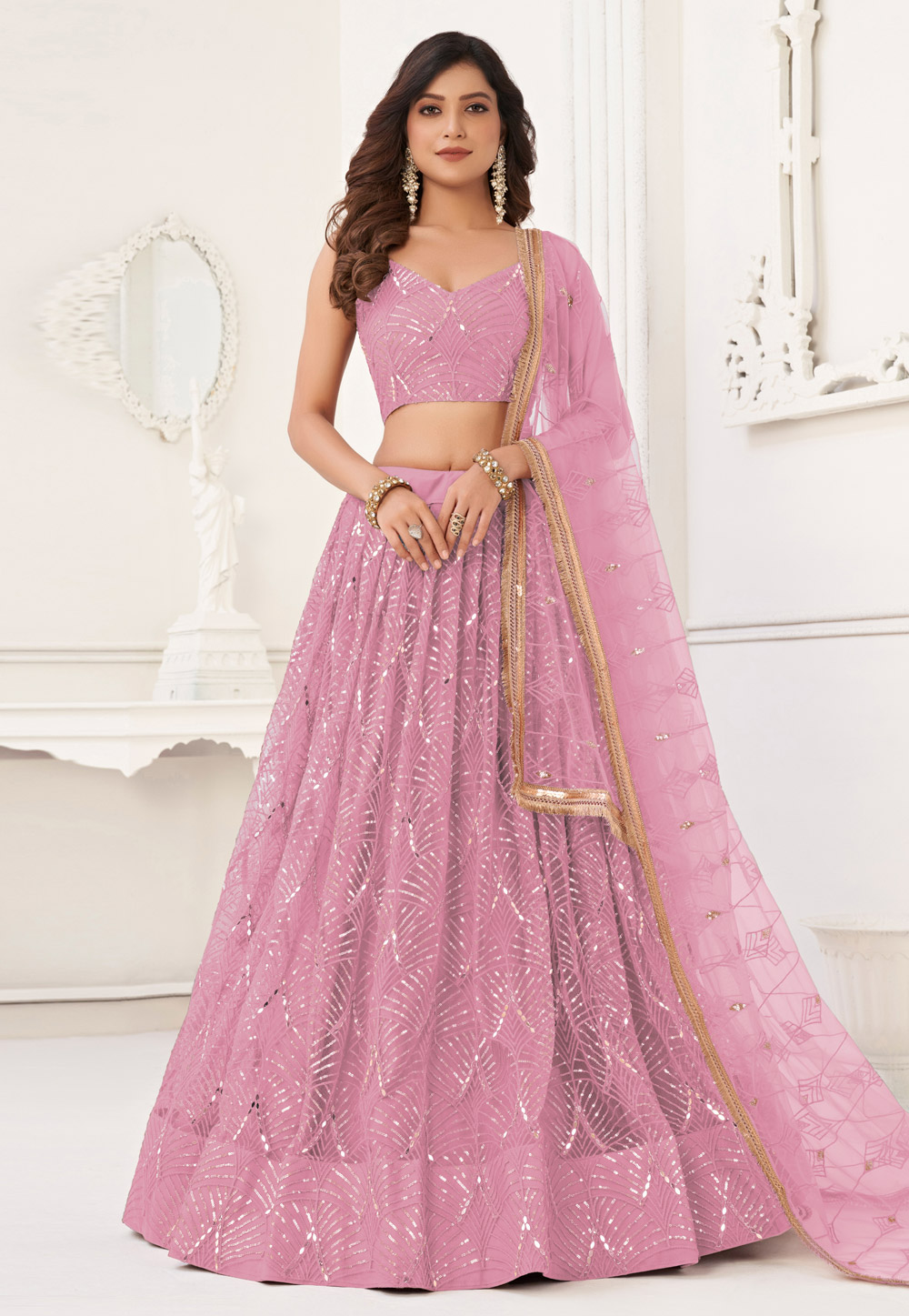 Pink Net Circular Lehenga Choli 323355