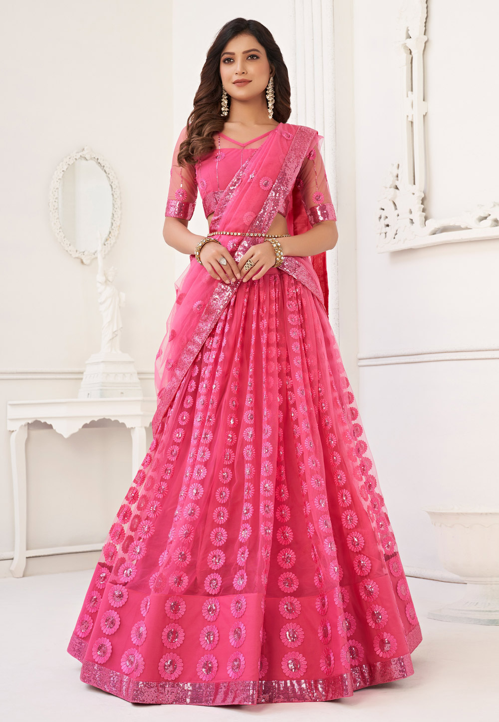 Pink Net Circular Lehenga Choli 278671