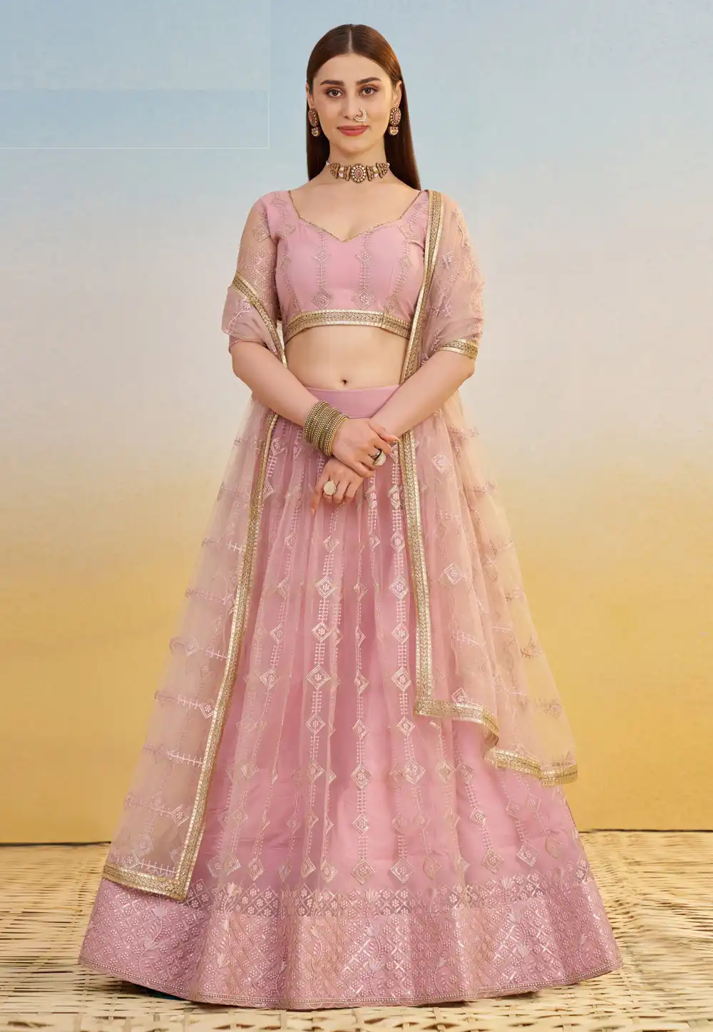 Pink Net Circular Lehenga Choli 313015