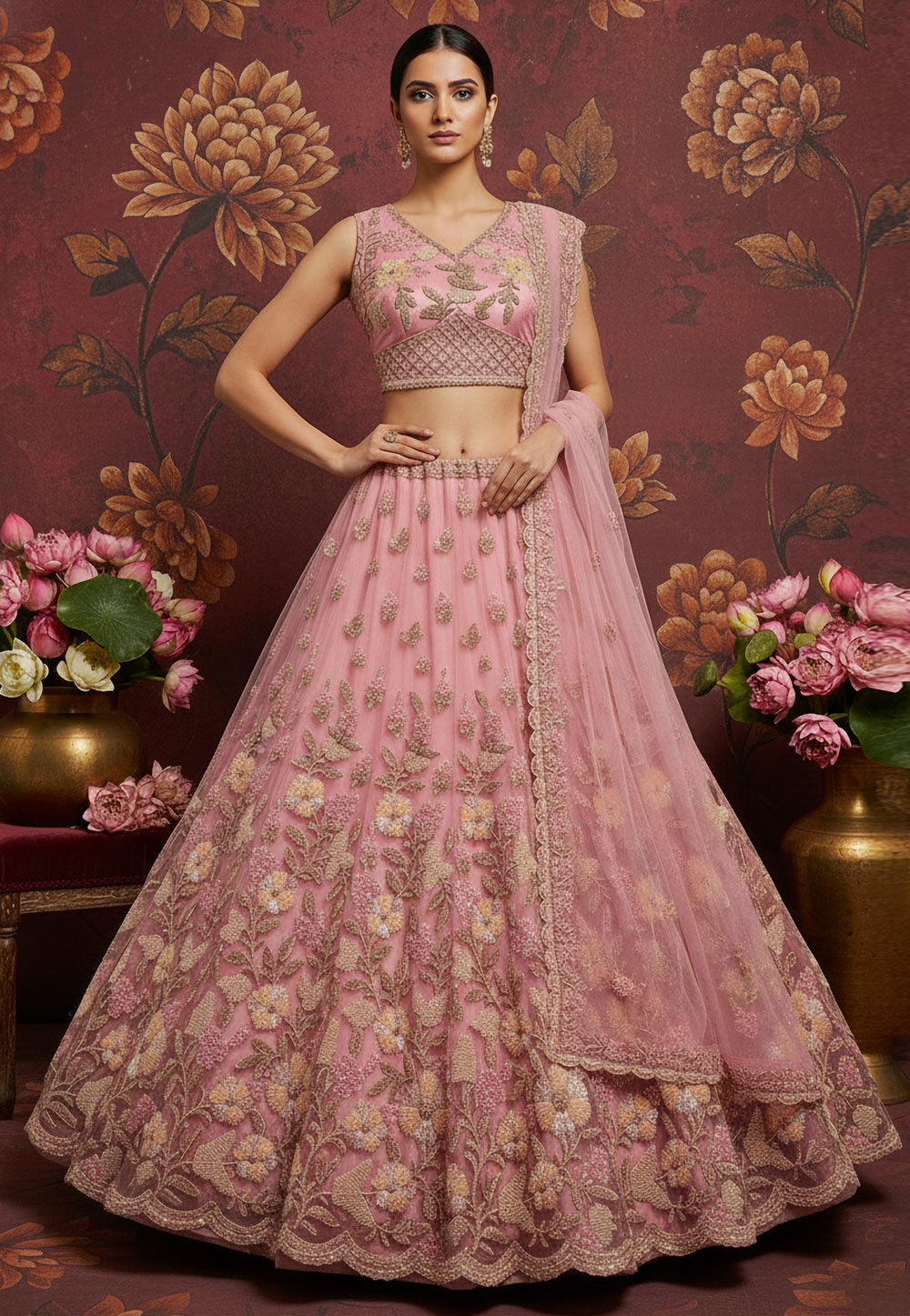 Pink Net Circular Lehenga Choli 319251