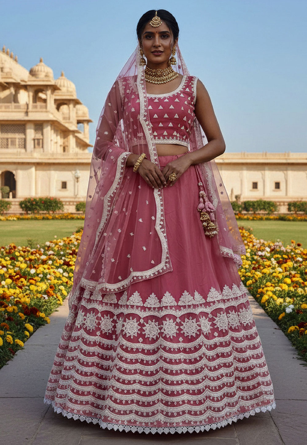 Pink Net Circular Lehenga Choli 321622