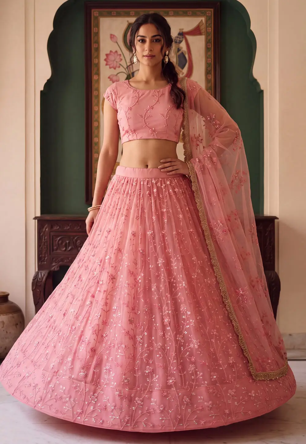 Pink Net Circular Lehenga Choli 335846