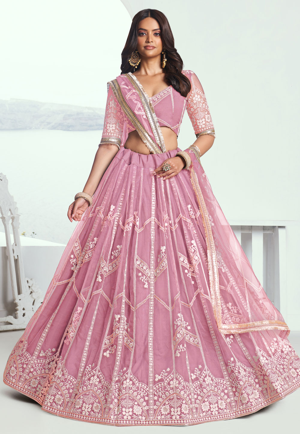 Pink Net Circular Lehenga Choli 308447