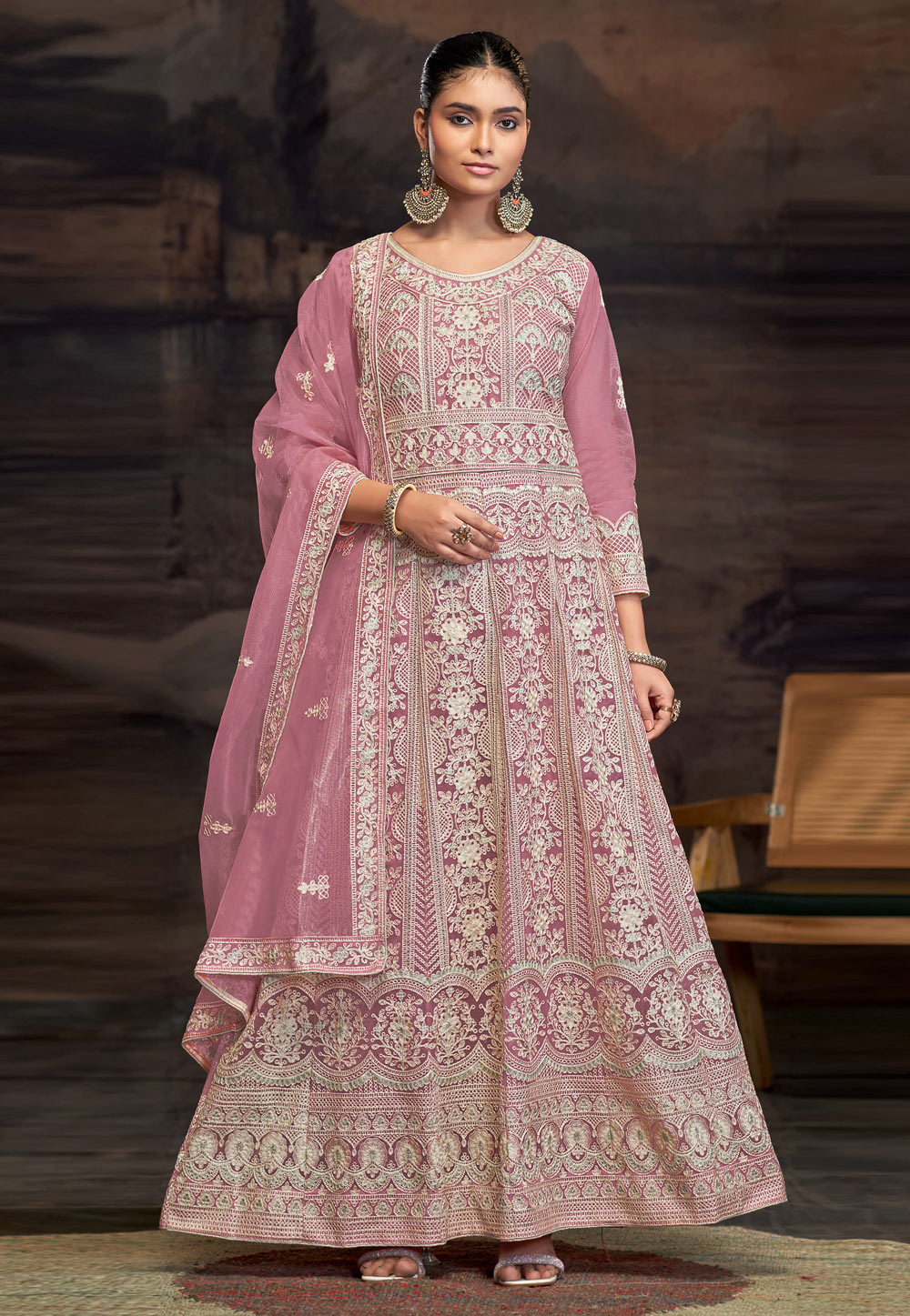 Pink Net Embroidered Anarkali Suit 307867