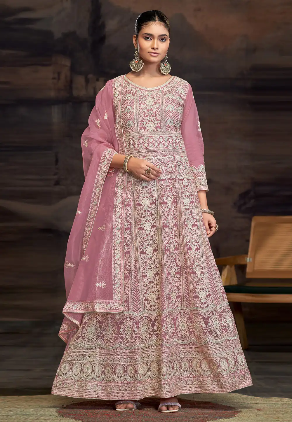 Pink Net Embroidered Anarkali Suit 307867