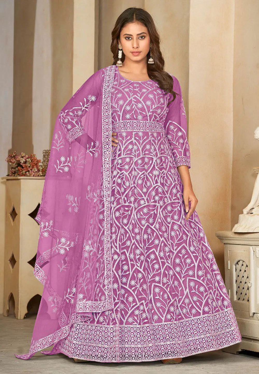 Pink Net Embroidered Long Anarkali Suit 300903