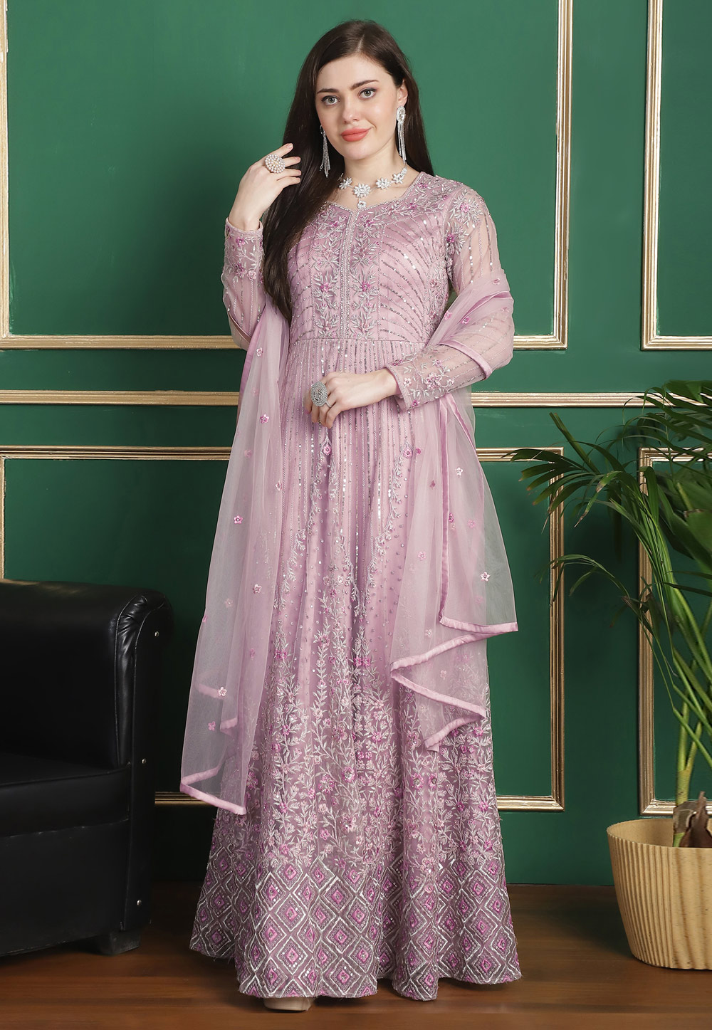 Pink Net Embroidered Long Anarkali Suit 309905
