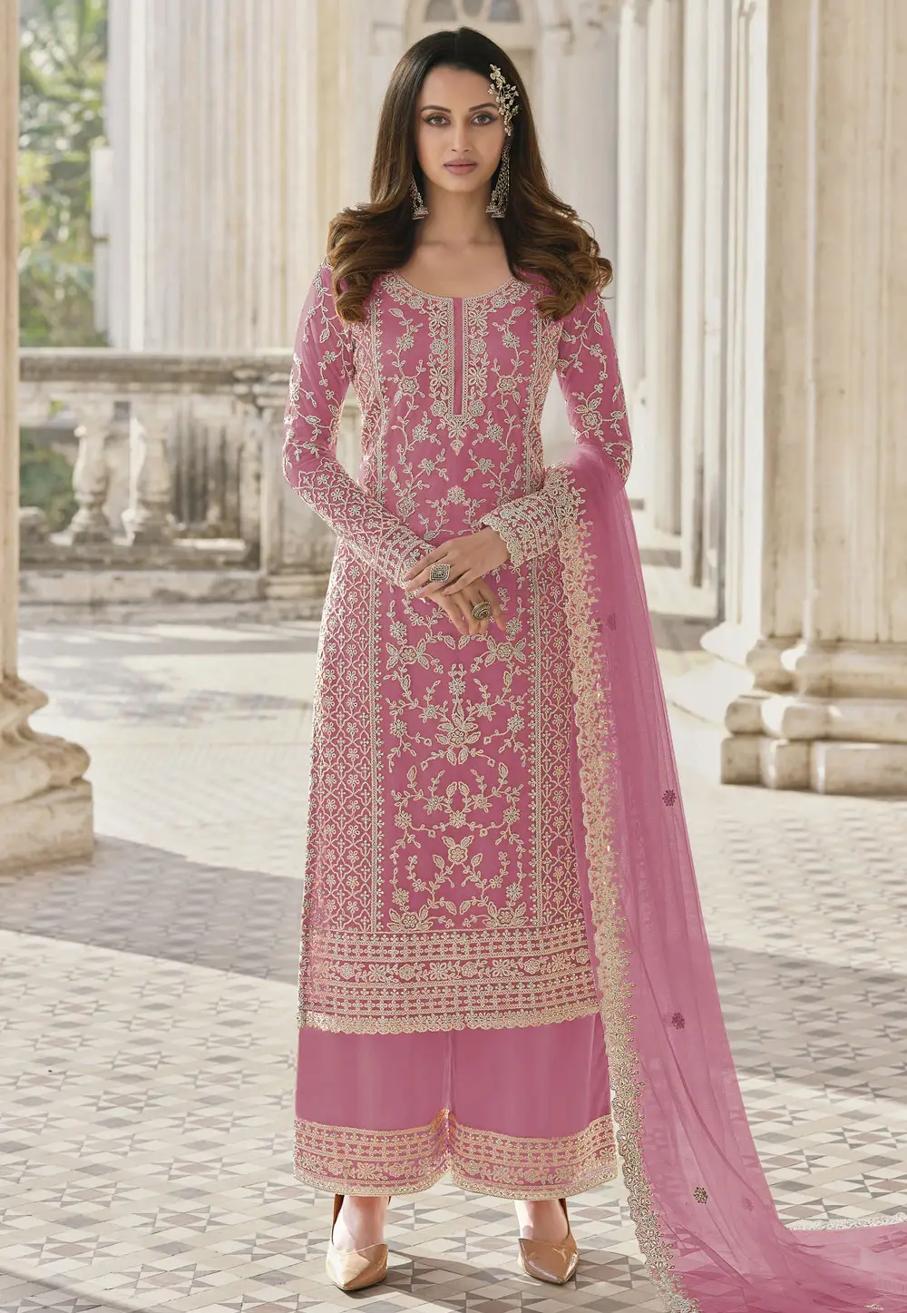Pink Net Embroidered Pakistani Suit 334491