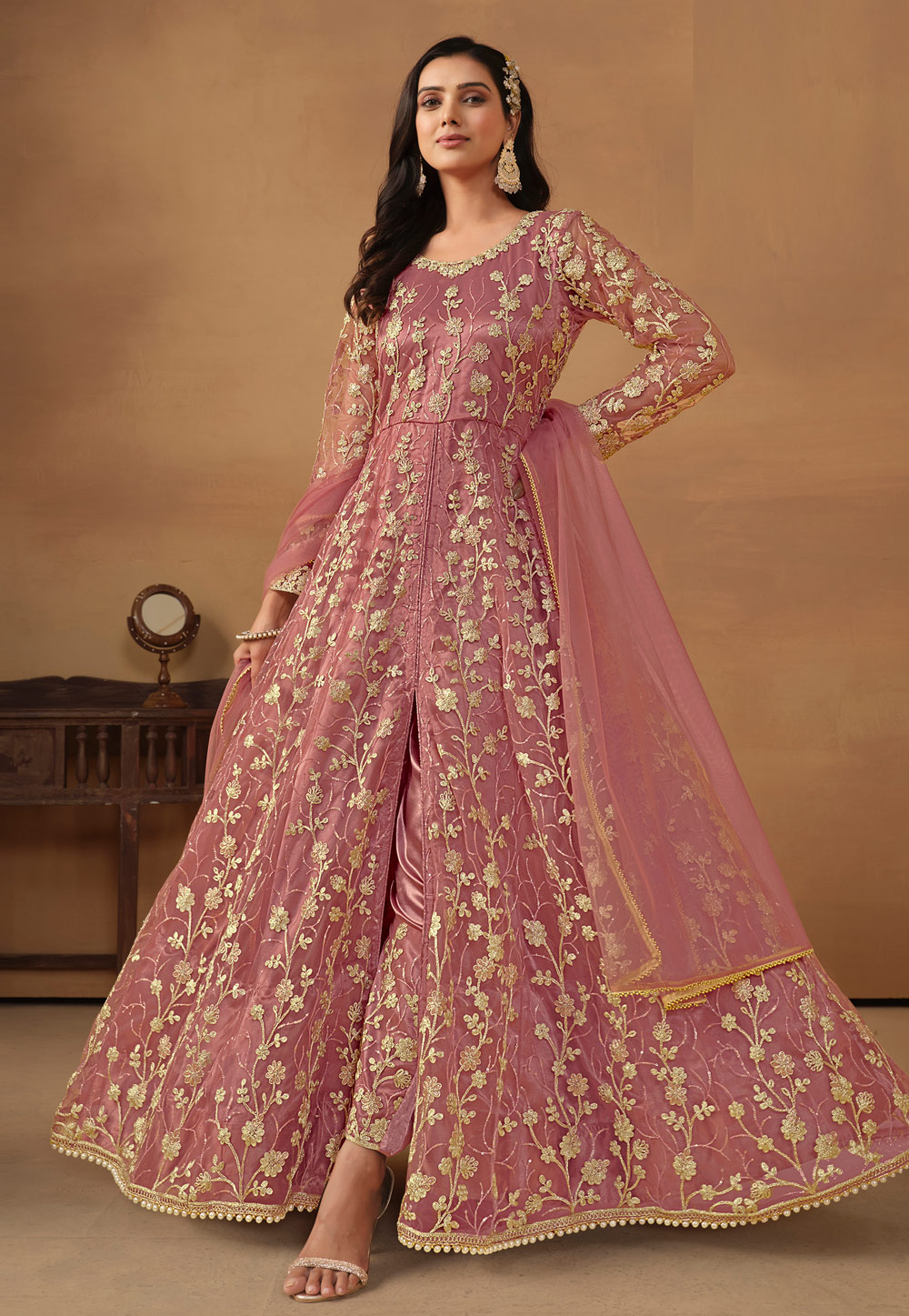 Pink Net Embroidered Pant Style Suit 283287