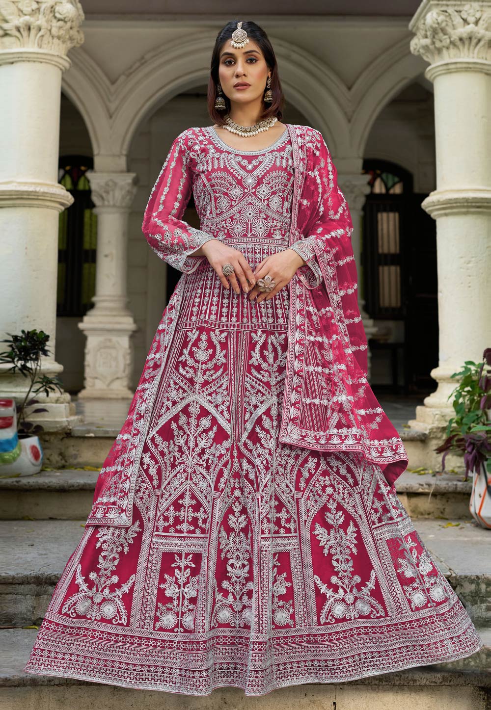 Pink Net Floor Length Anarkali Suit 325306