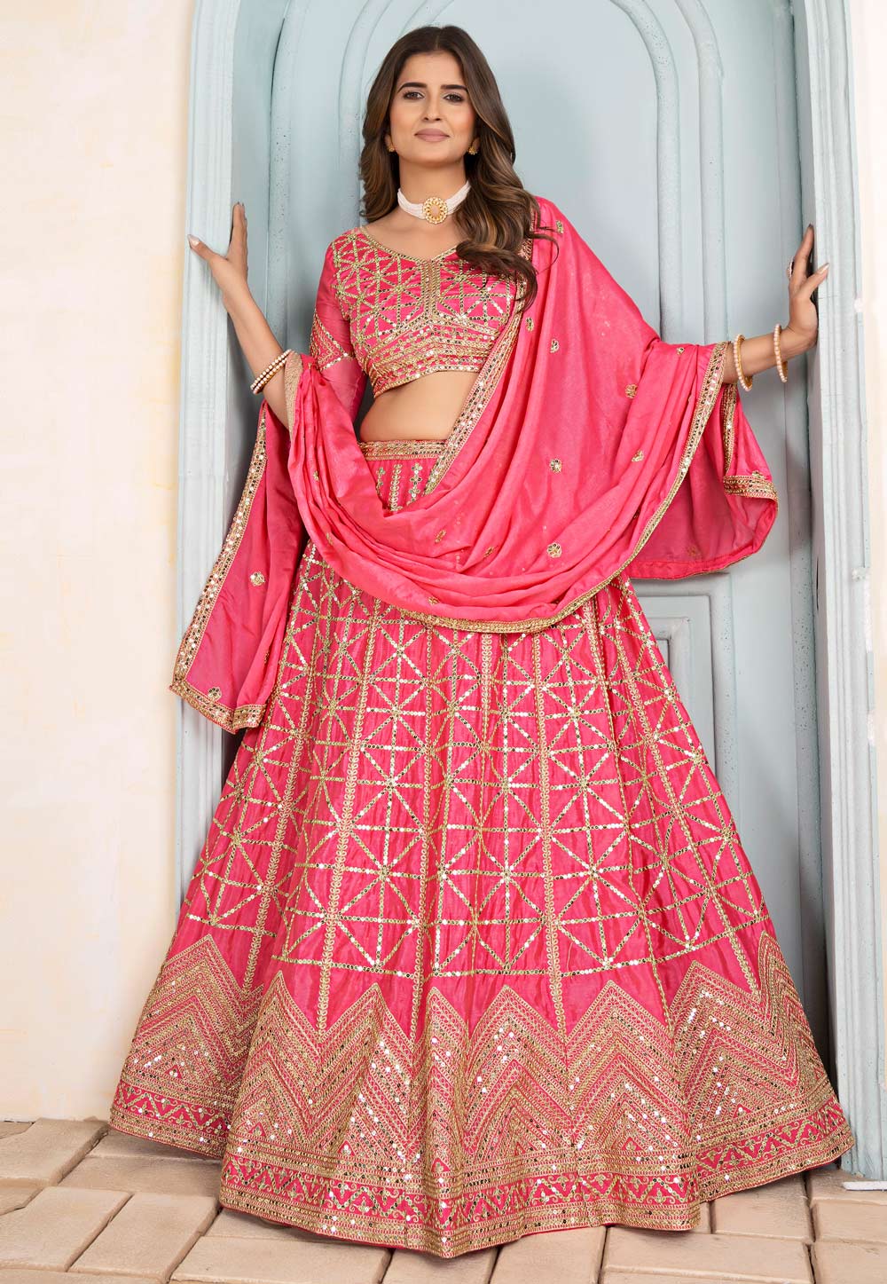 Pink Net Lehenga Choli 319173