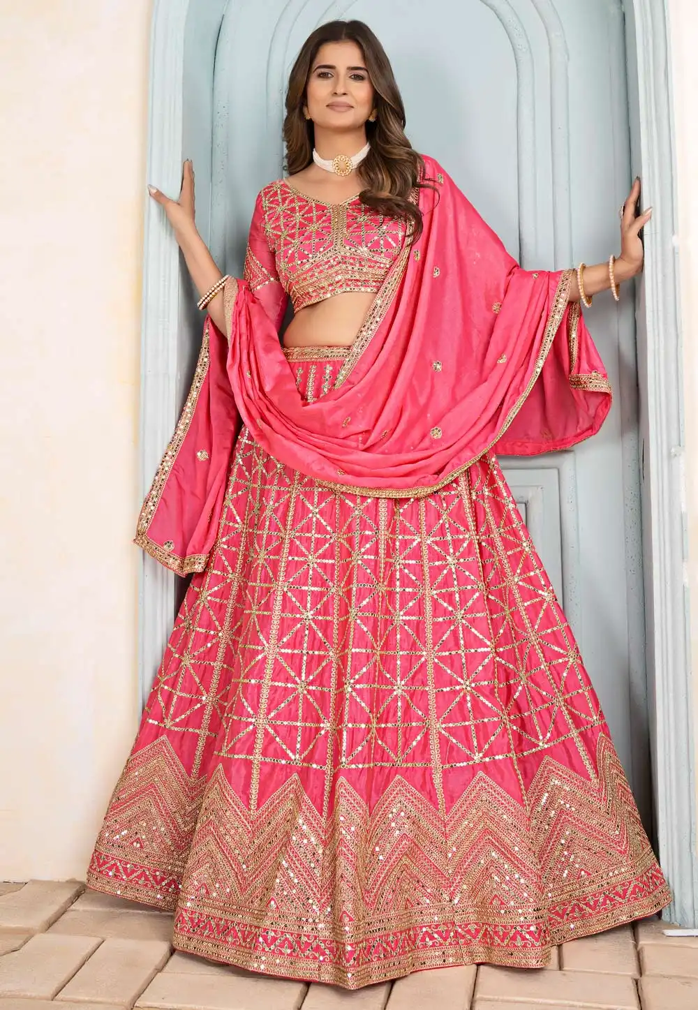 Pink Net Lehenga Choli 319173