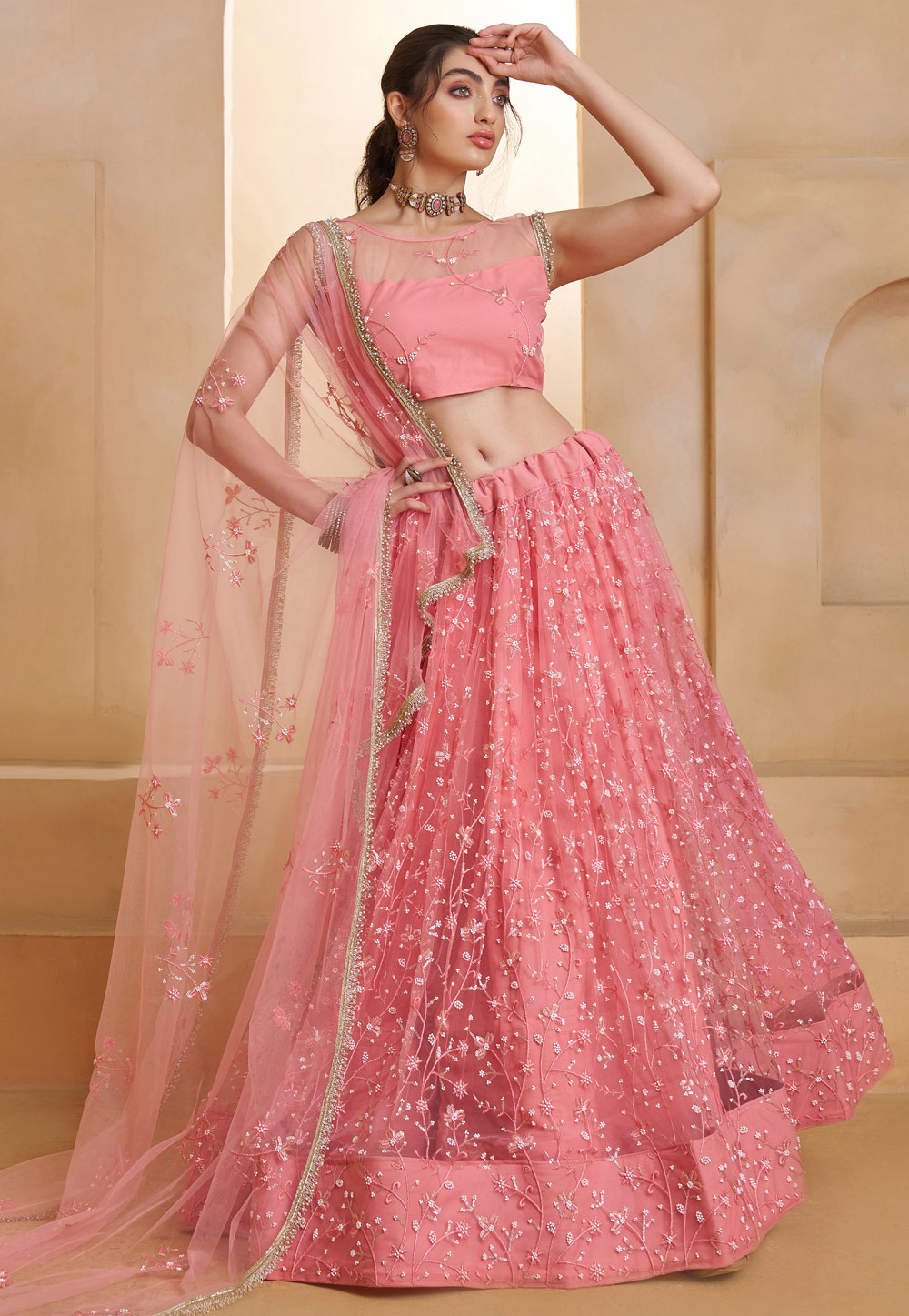 Pink Net Lehenga Choli 325764