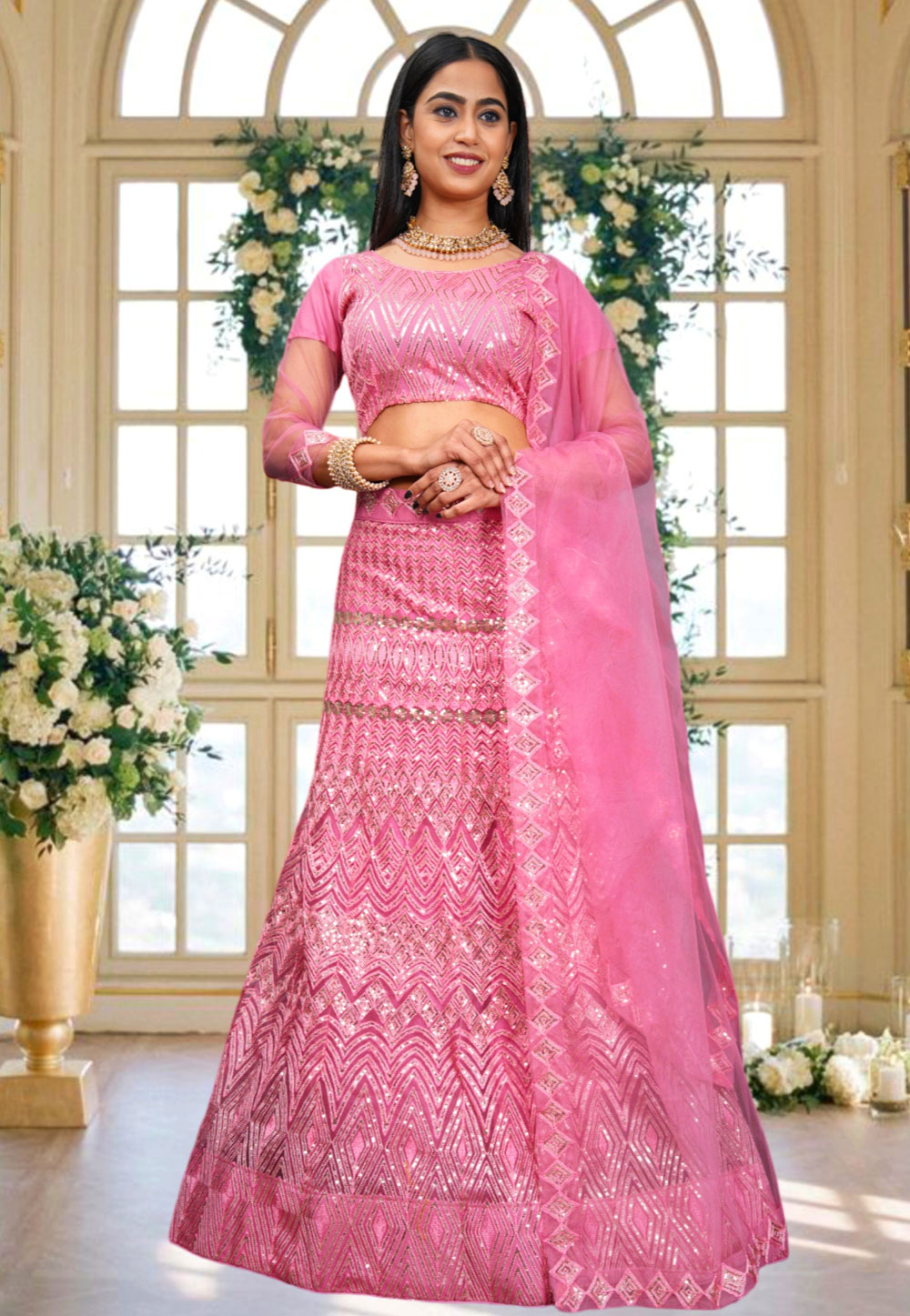 Pink Net Lehenga Choli 287583