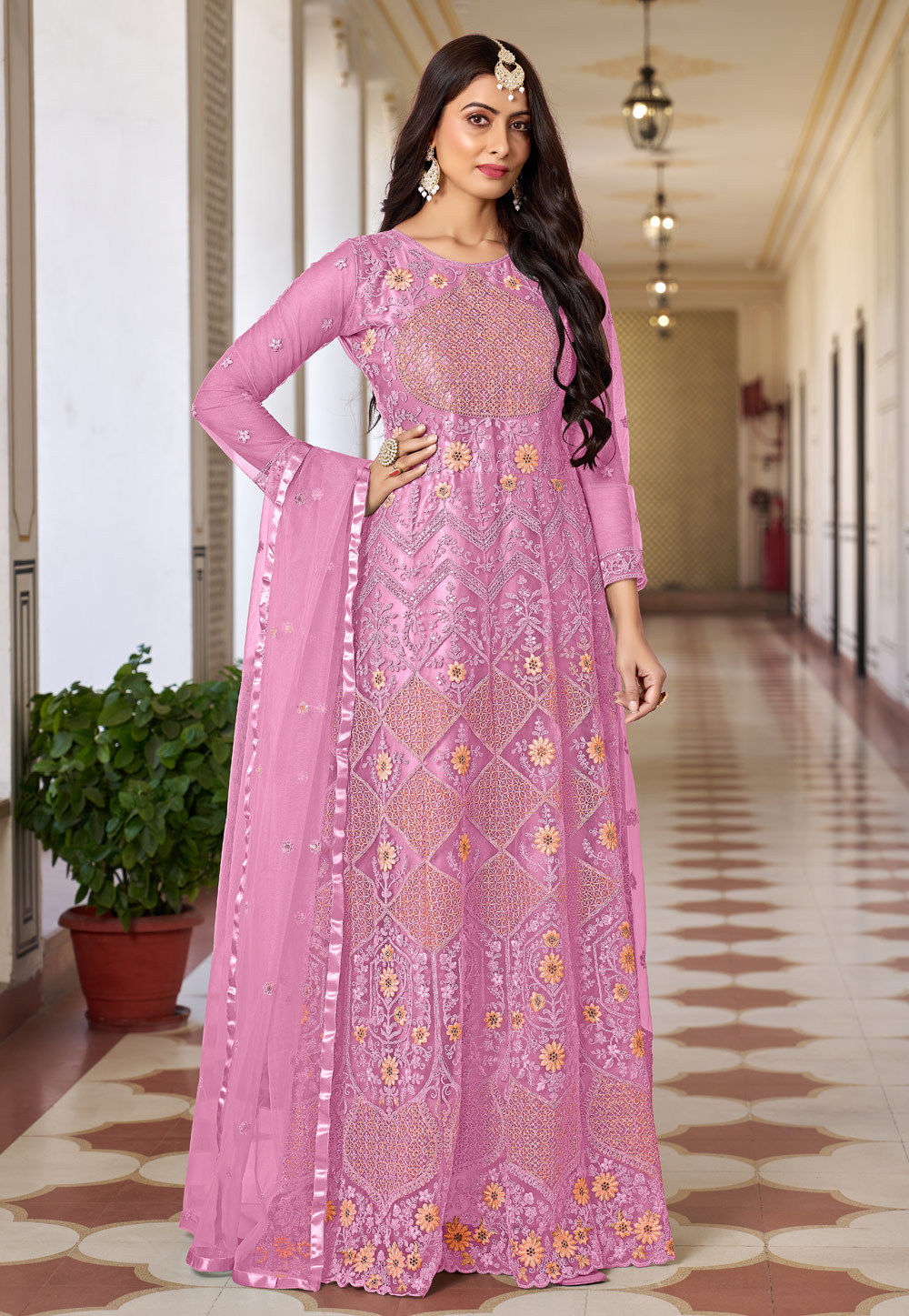 Pink Net Long Anarkali Suit 281528