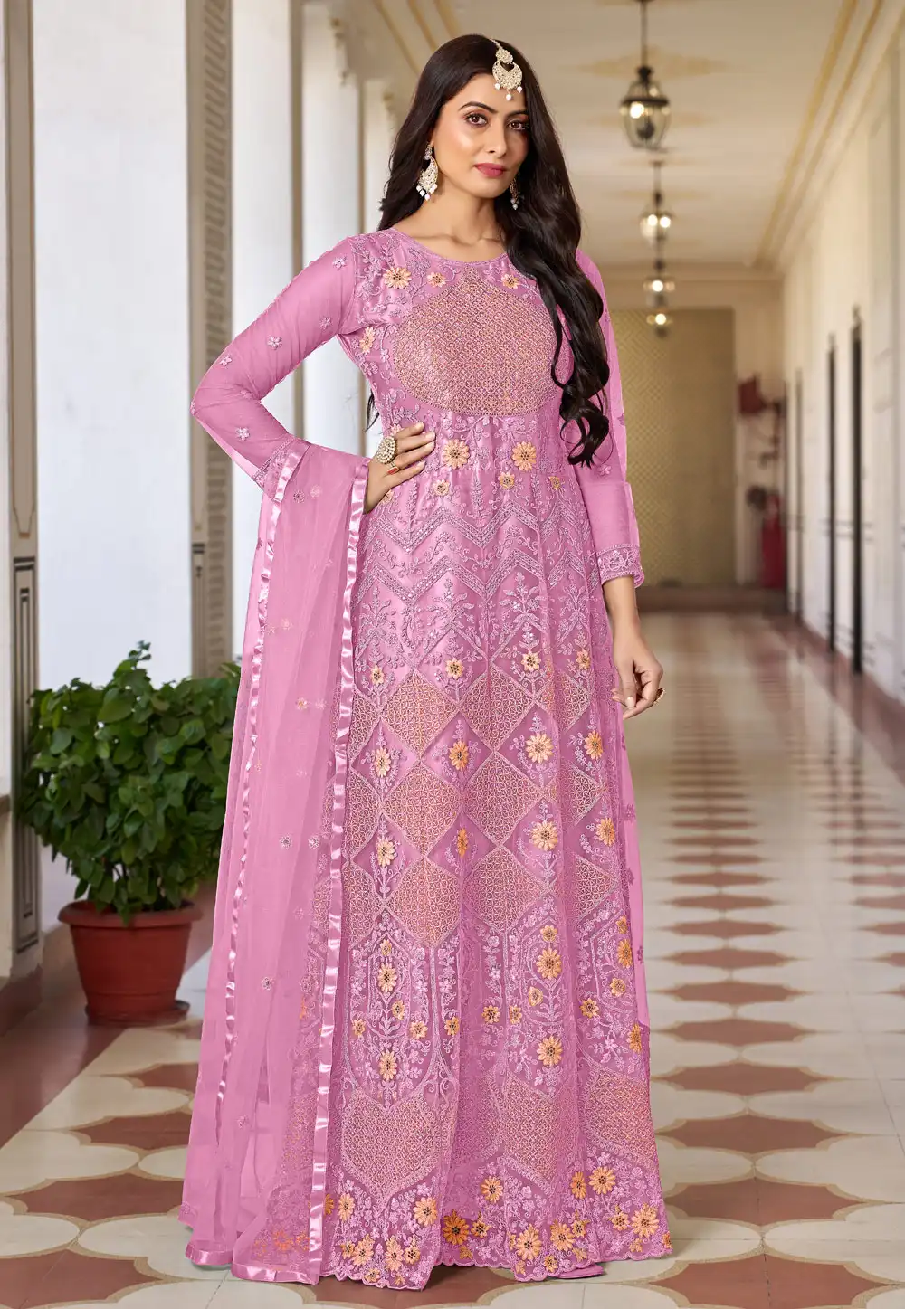 Pink Net Long Anarkali Suit 281528