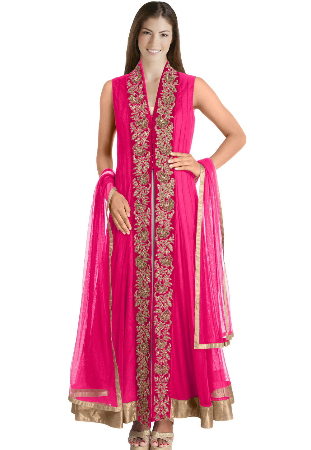 Pink Net Net Readymade Long Anarkali Suit 321775