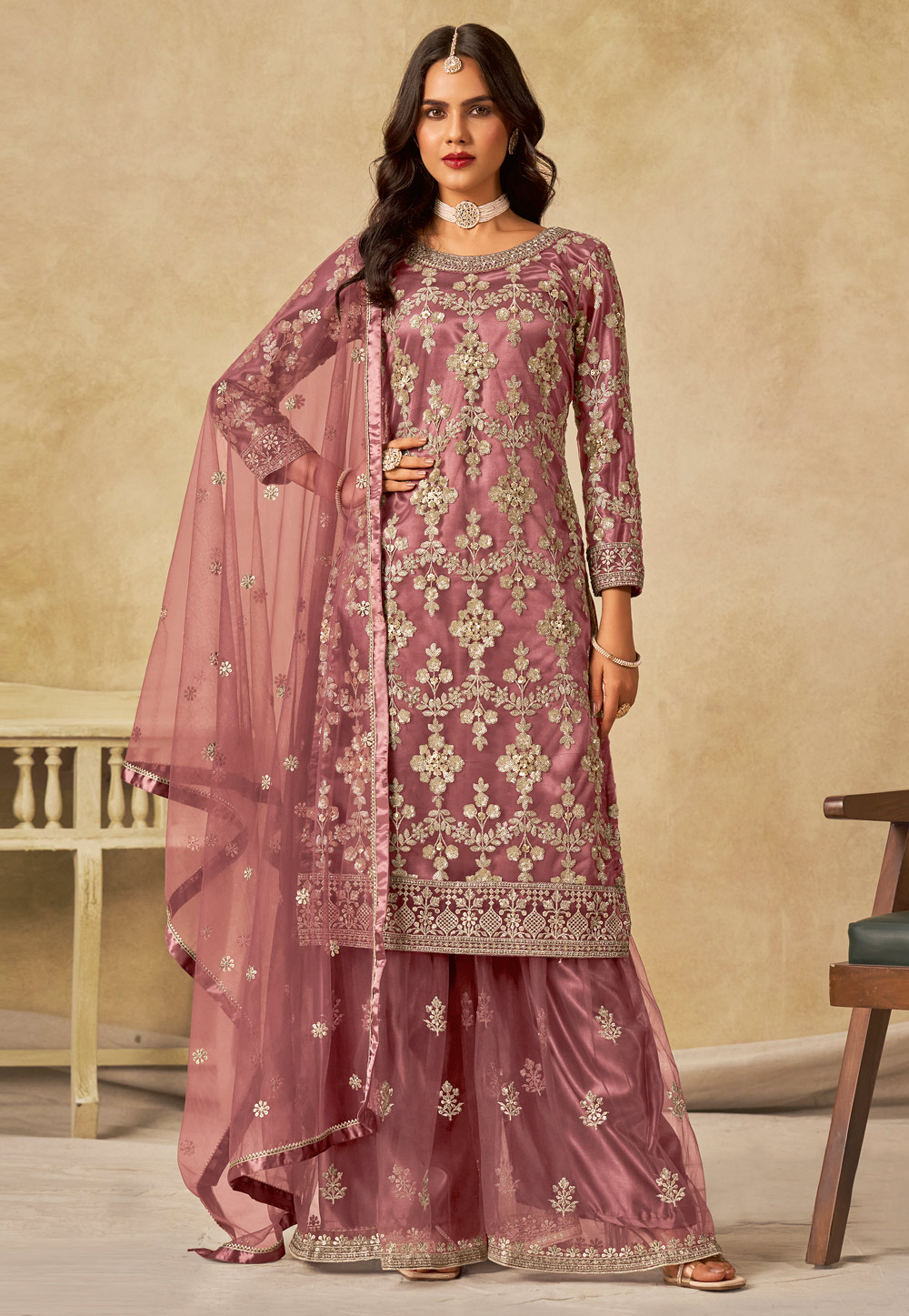 Pink Net Palazzo Suit 318077
