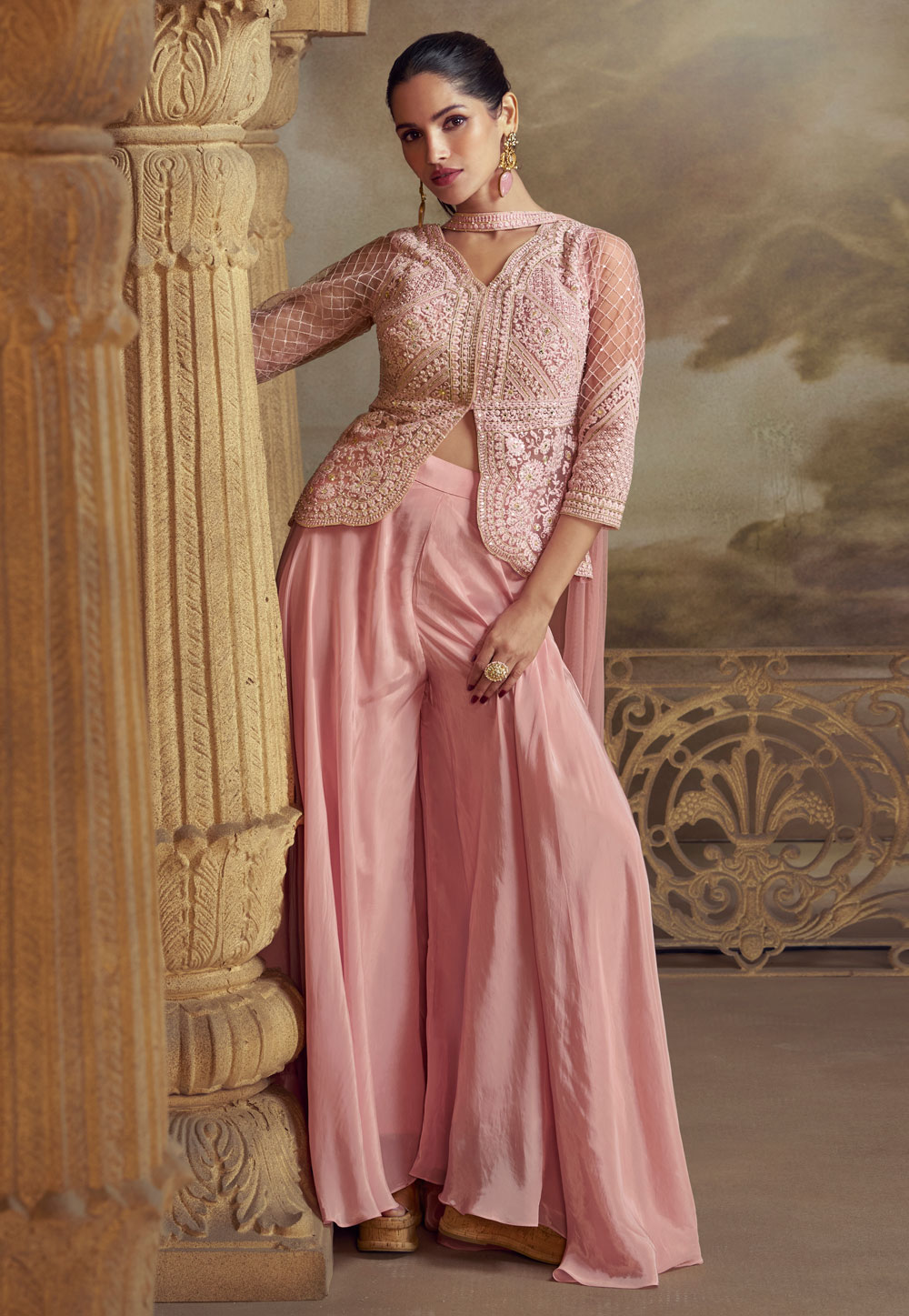 Pink Net Palazzo Suit 318402