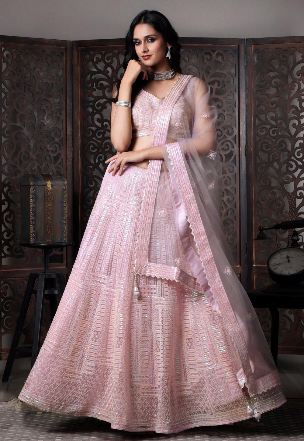 Pink Net Readymade A Line Lehenga Choli 308146