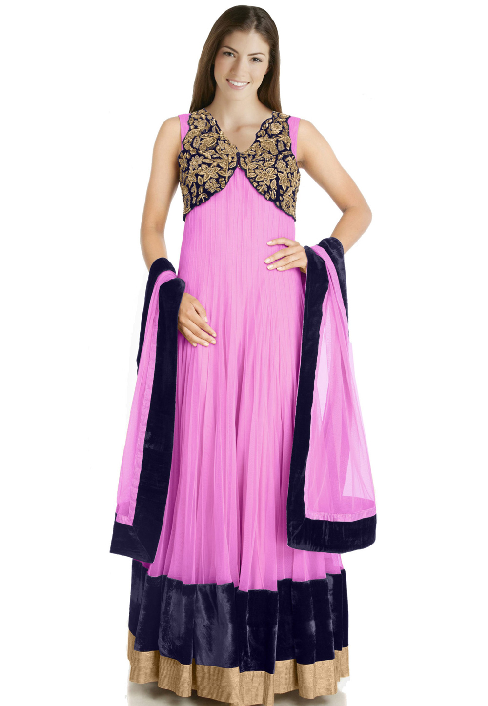 Pink Net Readymade Long Anarkali Suit 322185