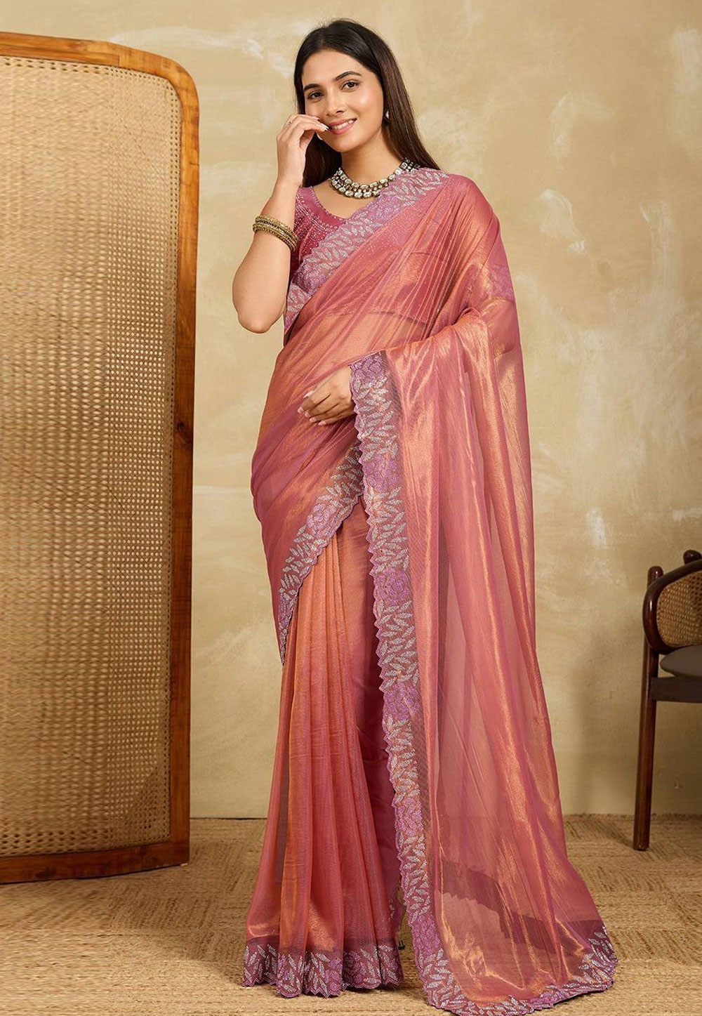 Pink Net Saree With Blouse 318172