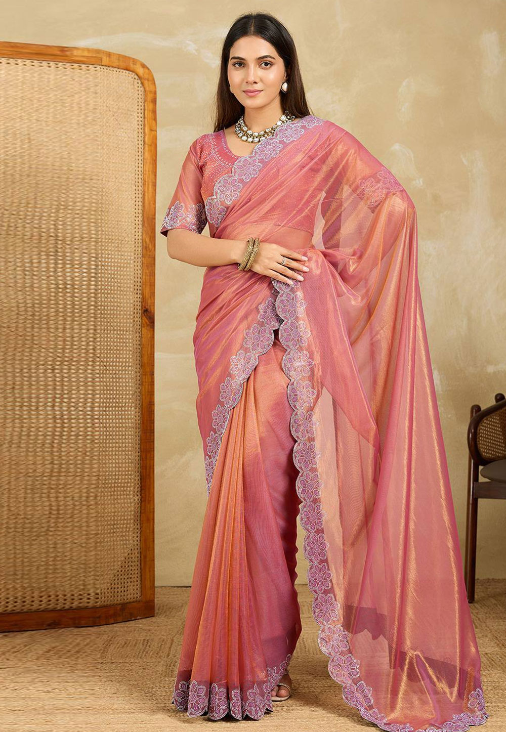 Pink Net Saree With Blouse 318160