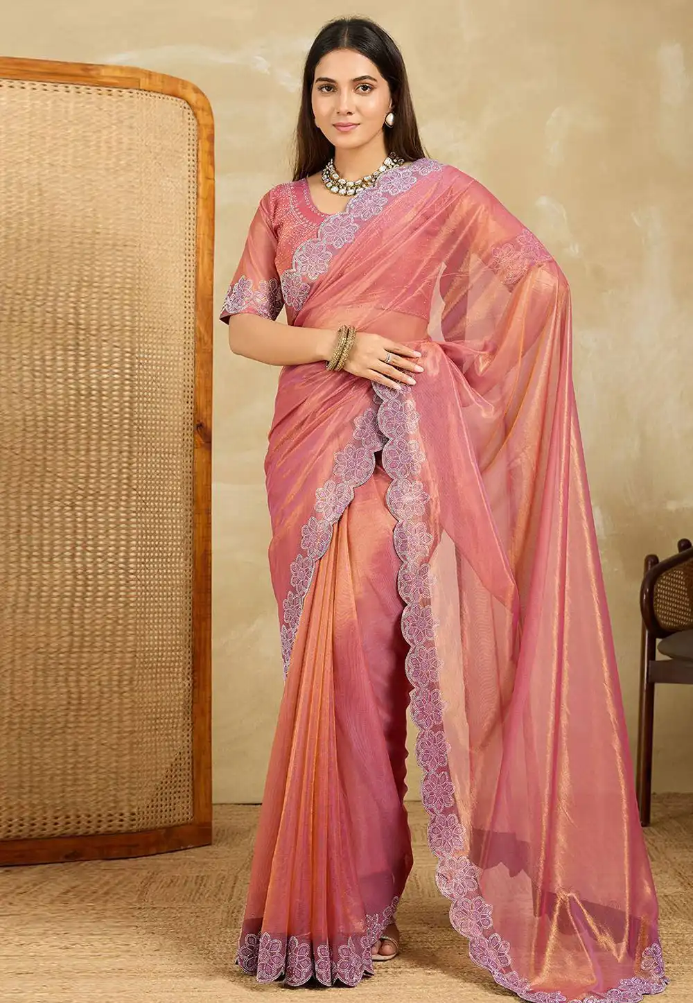 Pink Net Saree With Blouse 318160