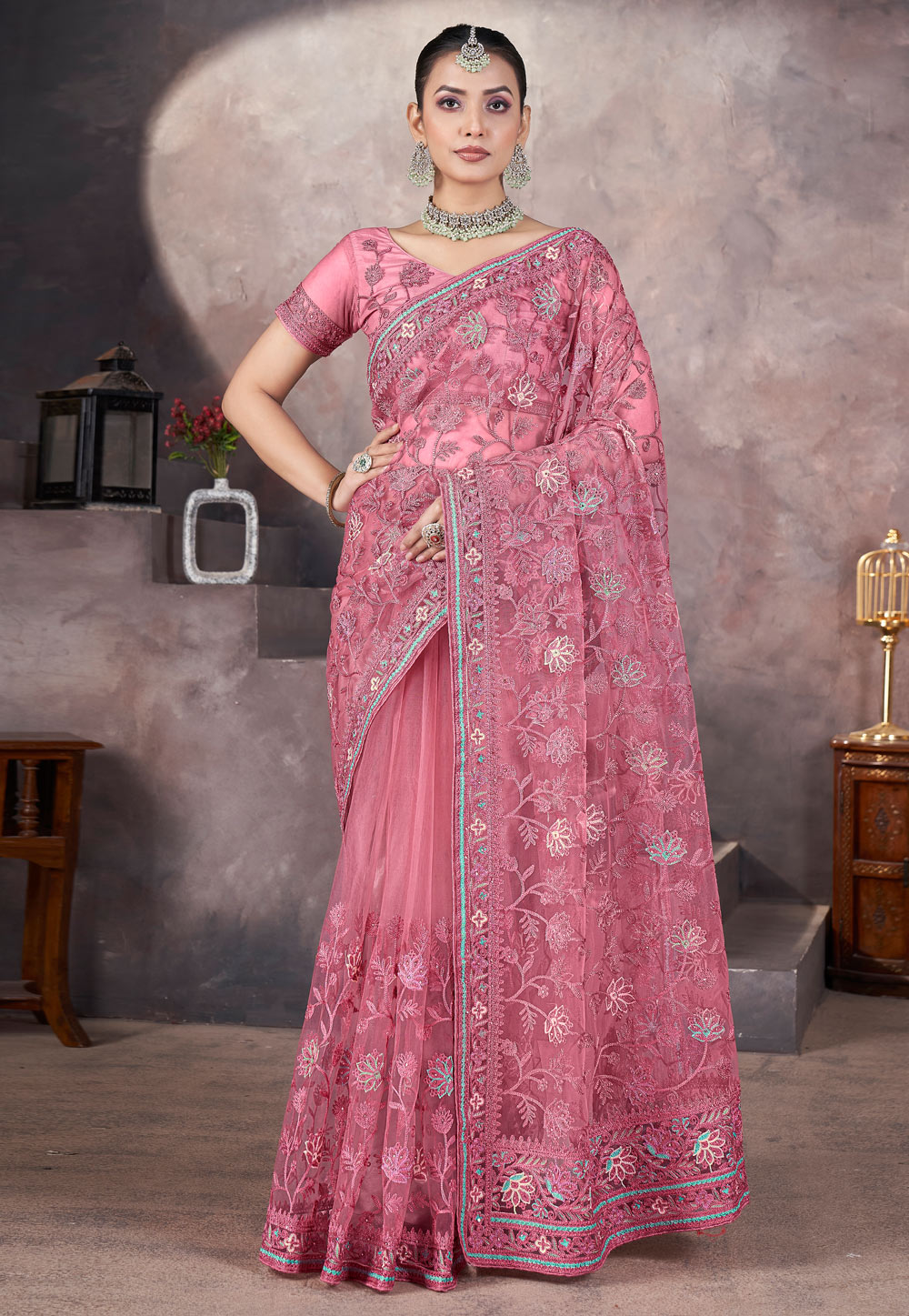 Pink Net Saree With Blouse 309400