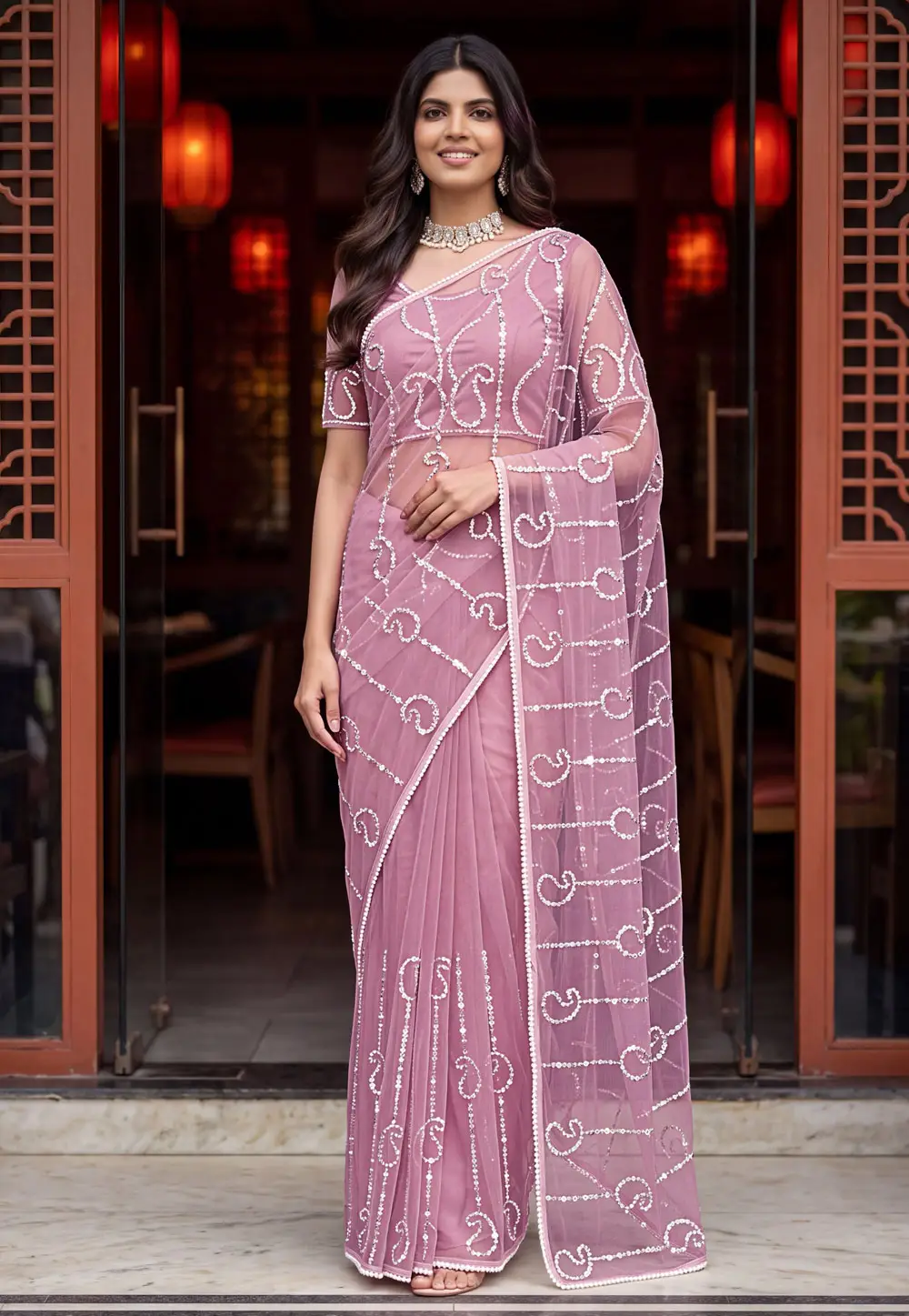 Pink Net Saree With Blouse 337121